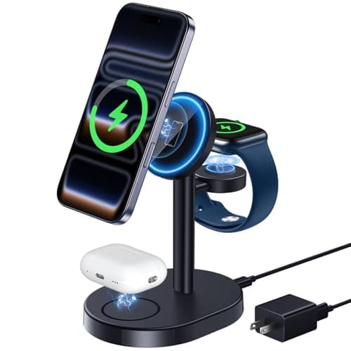 Hevanto 2026 MagSafe充電器 3in1 ワイヤレス充電器 Qi認証 極小 15W急速充電スタンド iPhone 17/17e/16/15/14/13/12 Apple Watch AirPods対応 マグセーフ充電器 3台同時充電 まぐせいふ強力磁気 超低温 超軽量 置くだけ充電 卓上すっきり 省スペース アダプター付属