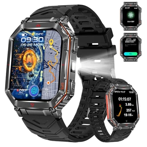 スマートウォッチ【業界新登場 ChatGPT搭載 AI文字盤 GPS内蔵】高輝度懐中電灯 軍用規格 2.01インチ大画面 Bluetooth5.3通話 スポーツウォッチ 3ATM防水 耐衝撃 GPS運動軌跡記録 腕時計 長持ちバッテリー 100+運動モード DIY文字盤 高度計 気圧計 コンパス Lineなどアプリ通知 歩数計 iPhone アンドロイド対応 日本語説明書 (ブラック)