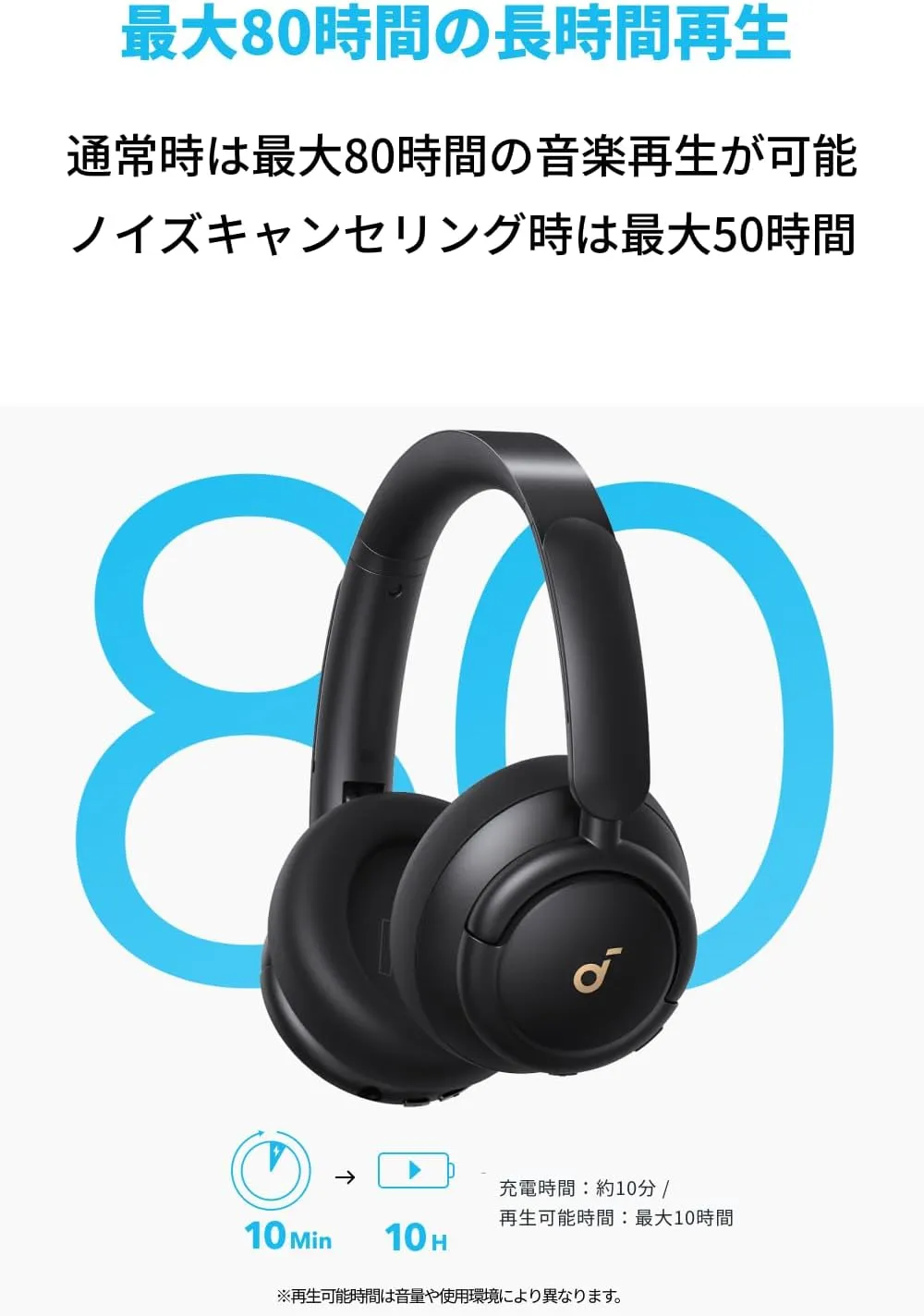 Anker Soundcore Q30iの長時間バッテリー性能を示す製品画像
